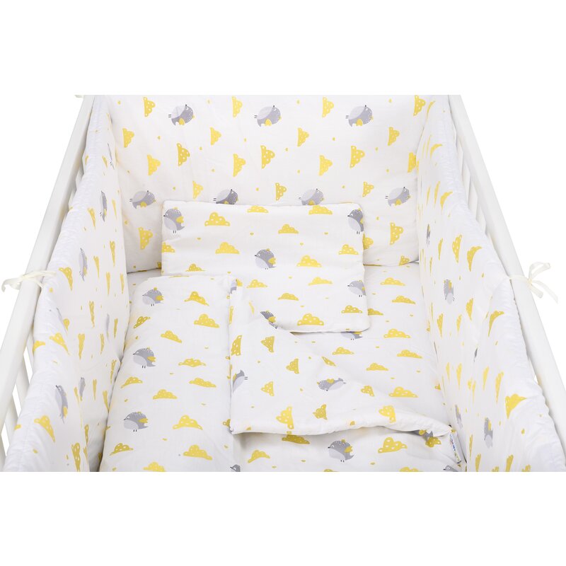 BabyNeeds - Lenjerie patut 5 piese, Cu doua protectii laterale, Pernuta, Plapumioara, Cearceaf, Din bumbac, Pentru patut 120x60 cm, Vrabiute, Gri-Galben image 5