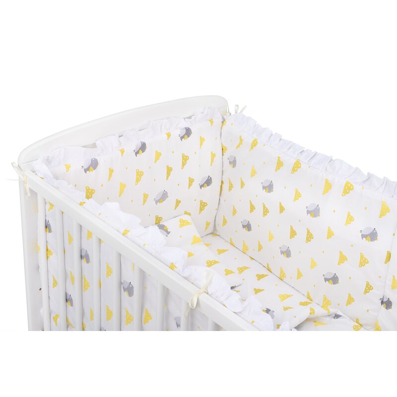 BabyNeeds - Lenjerie patut 5 piese, Cu doua protectii laterale, Pernuta, Plapumioara, Cearceaf, Din bumbac, Pentru patut 120x60 cm, Cu volanas, Vrabiute, Gri-Galben