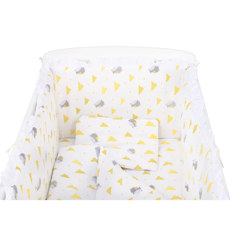 BabyNeeds - Lenjerie patut 5 piese, Cu doua protectii laterale, Pernuta, Plapumioara, Cearceaf, Din bumbac, Pentru patut 120x60 cm, Cu volanas, Vrabiute, Gri-Galben image 2