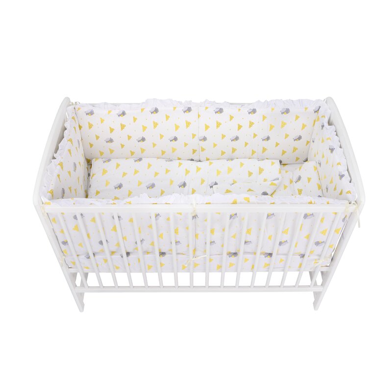 BabyNeeds - Lenjerie patut 5 piese, Cu doua protectii laterale, Pernuta, Plapumioara, Cearceaf, Din bumbac, Pentru patut 120x60 cm, Cu volanas, Vrabiute, Gri-Galben image 3