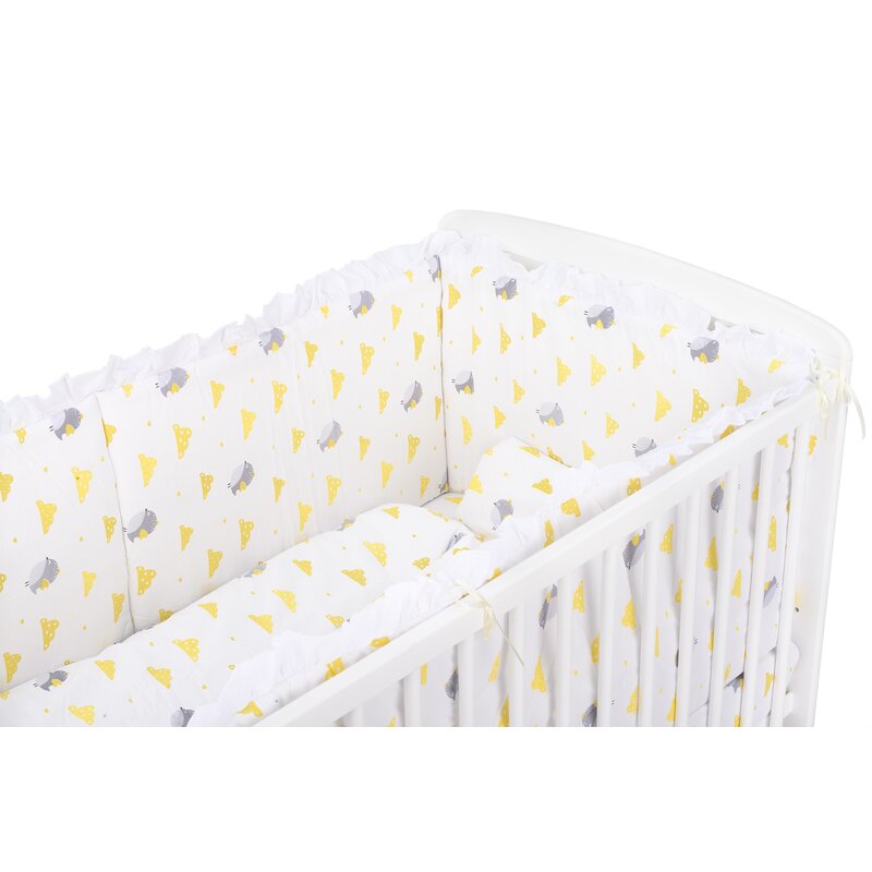 BabyNeeds - Lenjerie patut 5 piese, Cu doua protectii laterale, Pernuta, Plapumioara, Cearceaf, Din bumbac, Pentru patut 120x60 cm, Cu volanas, Vrabiute, Gri-Galben image 4