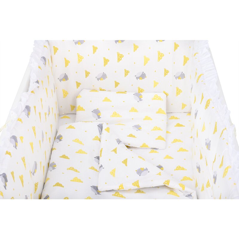 BabyNeeds - Lenjerie patut 5 piese, Cu doua protectii laterale, Pernuta, Plapumioara, Cearceaf, Din bumbac, Pentru patut 120x60 cm, Cu volanas, Vrabiute, Gri-Galben image 5