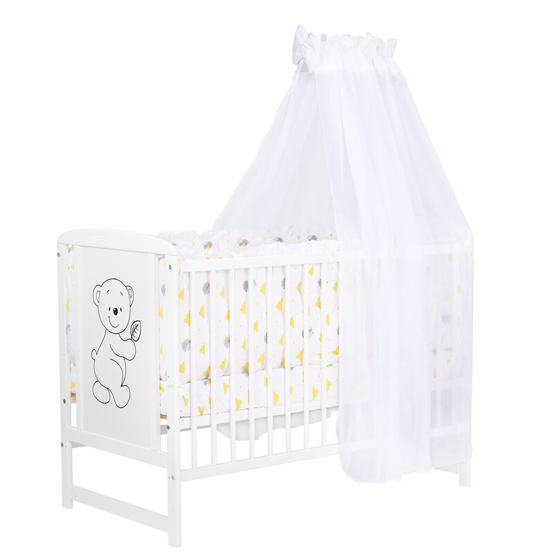 BabyNeeds - Lenjerie patut 6 piese, Cu baldachin, Cu doua protectii laterale, Pernuta, Plapumioara, Cearceaf, Din bumbac, Pentru patut 120x60 cm, Cu volanas, Vrabiute, Gri-Galben