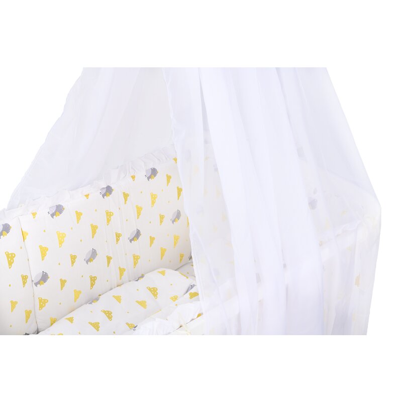 BabyNeeds - Lenjerie patut 6 piese, Cu baldachin, Cu doua protectii laterale, Pernuta, Plapumioara, Cearceaf, Din bumbac, Pentru patut 120x60 cm, Cu volanas, Vrabiute, Gri-Galben image 2