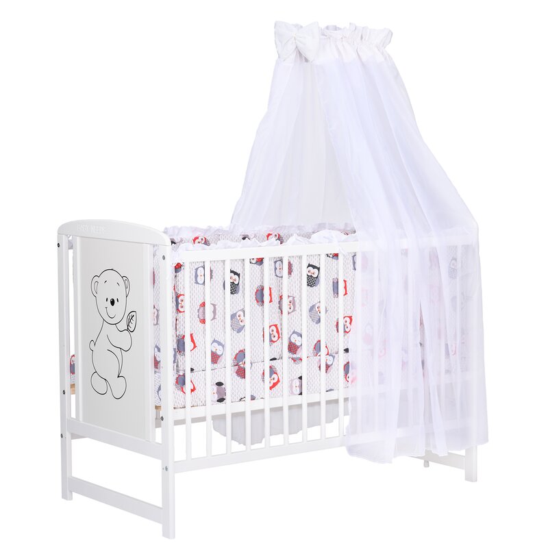 BabyNeeds - Lenjerie patut 6 piese, Cu baldachin, Cu doua protectii laterale, Pernuta, Plapumioara, Cearceaf, Din bumbac, Pentru patut 120x60 cm, Cu volanas, Bufnite, Gri-Rosu image 1