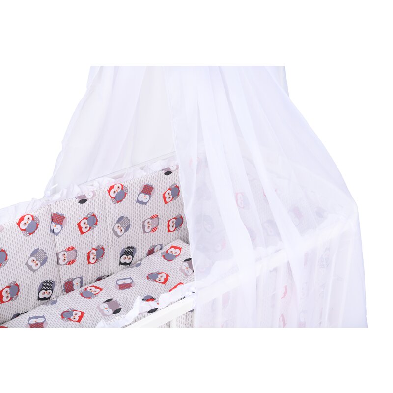 BabyNeeds - Lenjerie patut 6 piese, Cu baldachin, Cu doua protectii laterale, Pernuta, Plapumioara, Cearceaf, Din bumbac, Pentru patut 120x60 cm, Cu volanas, Bufnite, Gri-Rosu image 2