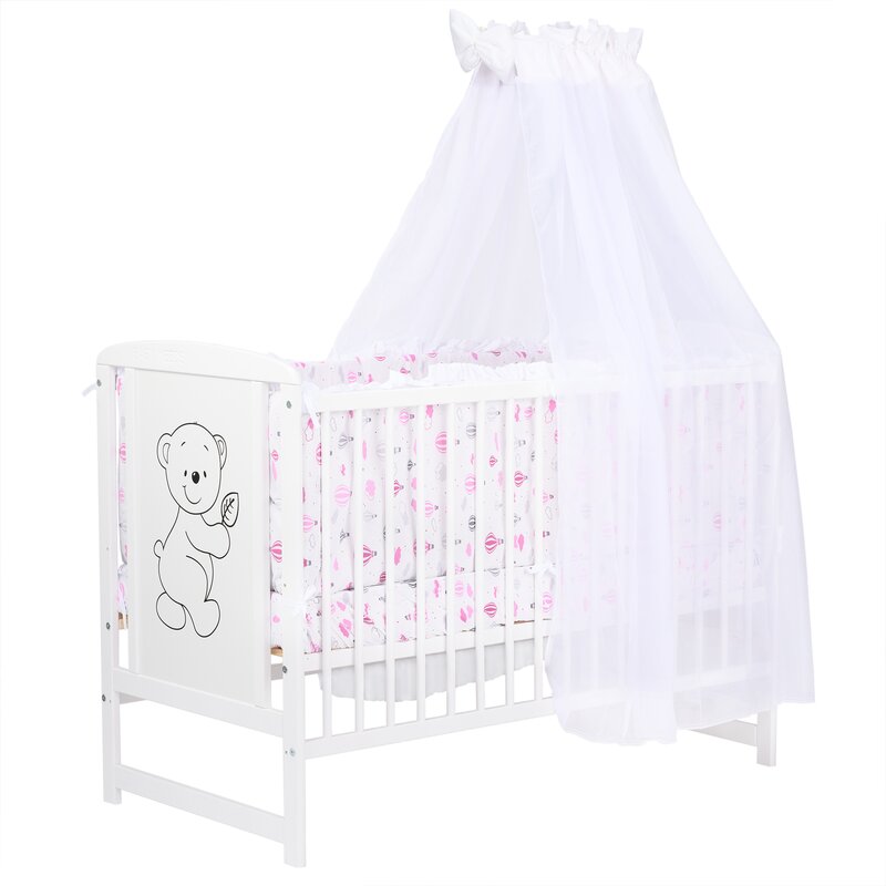 BabyNeeds - Lenjerie patut 6 piese, Cu baldachin, Cu doua protectii laterale, Pernuta, Plapumioara, Cearceaf, Din bumbac, Pentru patut 120x60 cm, Cu volanas, Baloane, Roz image 1