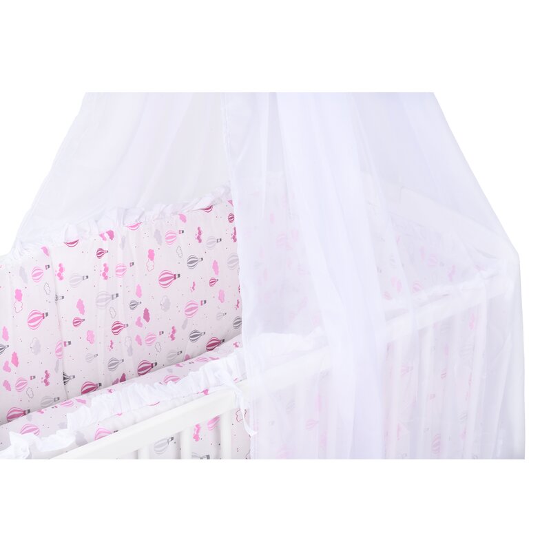 BabyNeeds - Lenjerie patut 6 piese, Cu baldachin, Cu doua protectii laterale, Pernuta, Plapumioara, Cearceaf, Din bumbac, Pentru patut 120x60 cm, Cu volanas, Baloane, Roz image 2