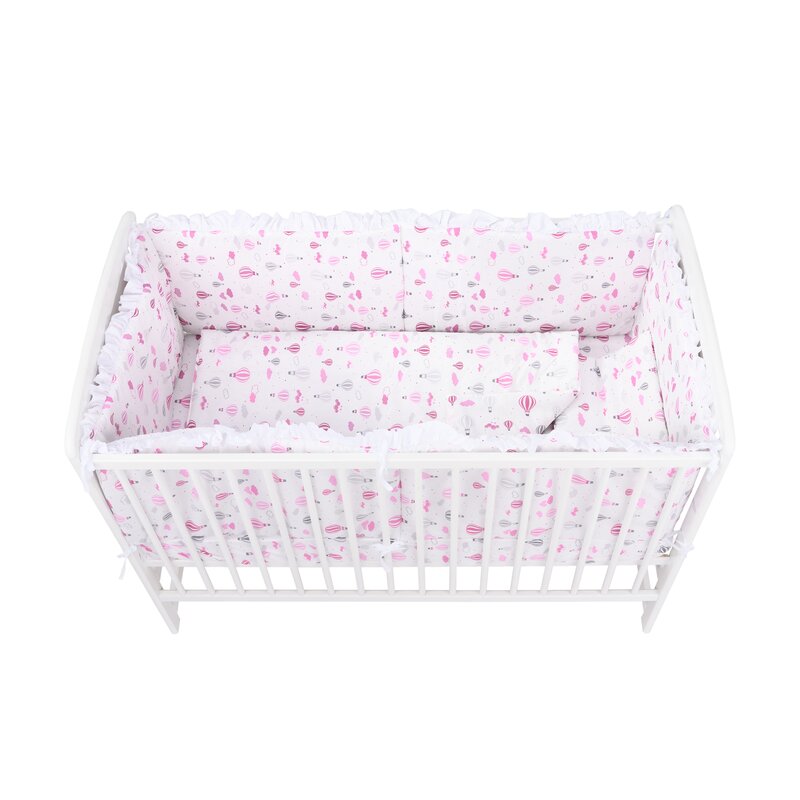 BabyNeeds - Lenjerie patut 6 piese, Cu baldachin, Cu doua protectii laterale, Pernuta, Plapumioara, Cearceaf, Din bumbac, Pentru patut 120x60 cm, Cu volanas, Baloane, Roz image 3