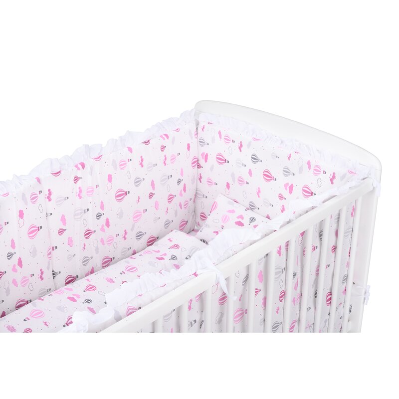 BabyNeeds - Lenjerie patut 6 piese, Cu baldachin, Cu doua protectii laterale, Pernuta, Plapumioara, Cearceaf, Din bumbac, Pentru patut 120x60 cm, Cu volanas, Baloane, Roz image 4