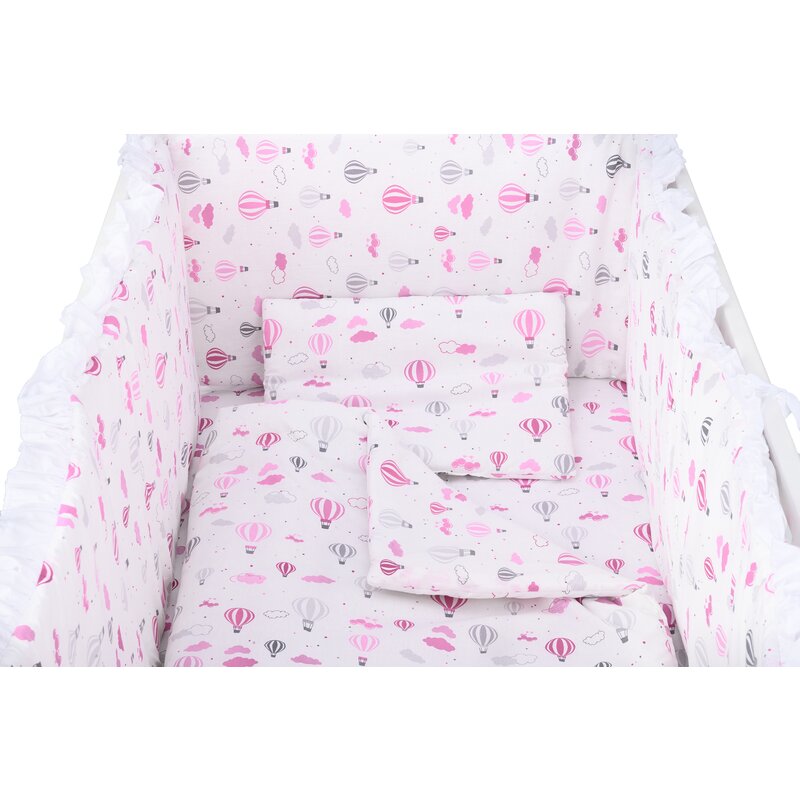 BabyNeeds - Lenjerie patut 6 piese, Cu baldachin, Cu doua protectii laterale, Pernuta, Plapumioara, Cearceaf, Din bumbac, Pentru patut 120x60 cm, Cu volanas, Baloane, Roz image 6