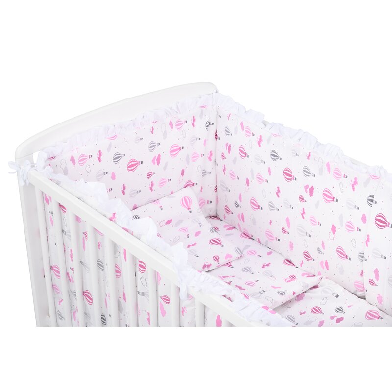 BabyNeeds - Lenjerie patut 6 piese, Cu baldachin, Cu doua protectii laterale, Pernuta, Plapumioara, Cearceaf, Din bumbac, Pentru patut 120x60 cm, Cu volanas, Baloane, Roz image 7