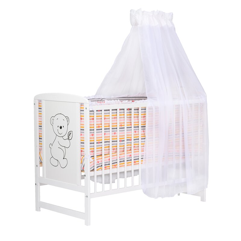 BabyNeeds - Lenjerie patut 6 piese, Cu baldachin, Cu doua protectii laterale, Pernuta, Plapumioara, Cearceaf, Din bumbac, Pentru patut 120x60 cm, Cu volanas, Inimioare, Dungi multicolore