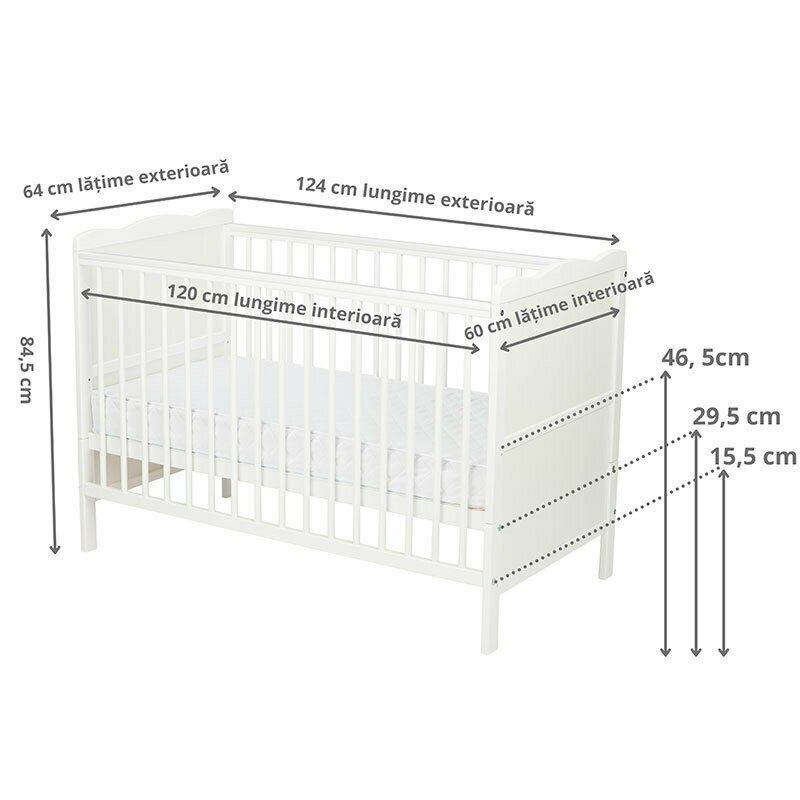 Qmini - Patut din lemn Julia 120x60 cm, multifunctional, Alb + Saltea 12 cm image 7