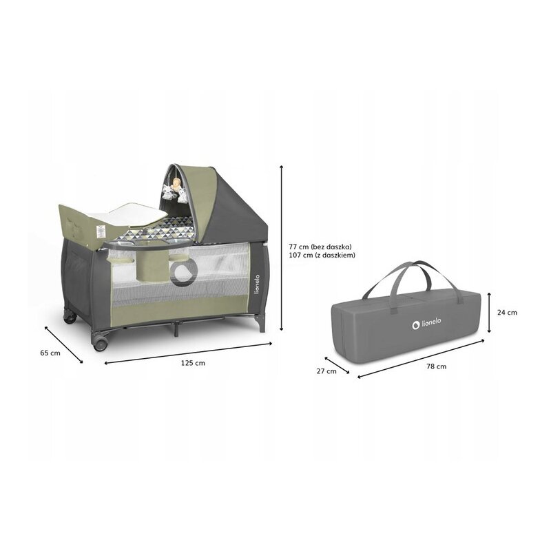 Lionelo - Patut pliant cu doua nivele Sven Plus, 120x60 cm, arcada jucarii, masuta de infasat, vibratii, melodii, Green Olive image 2