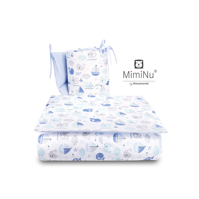 MimiNu - Lenjerie patut 3 piese, Cu protectie laterala, Blue fish, Din bumbac, Pentru patut 120x60 cm image 1