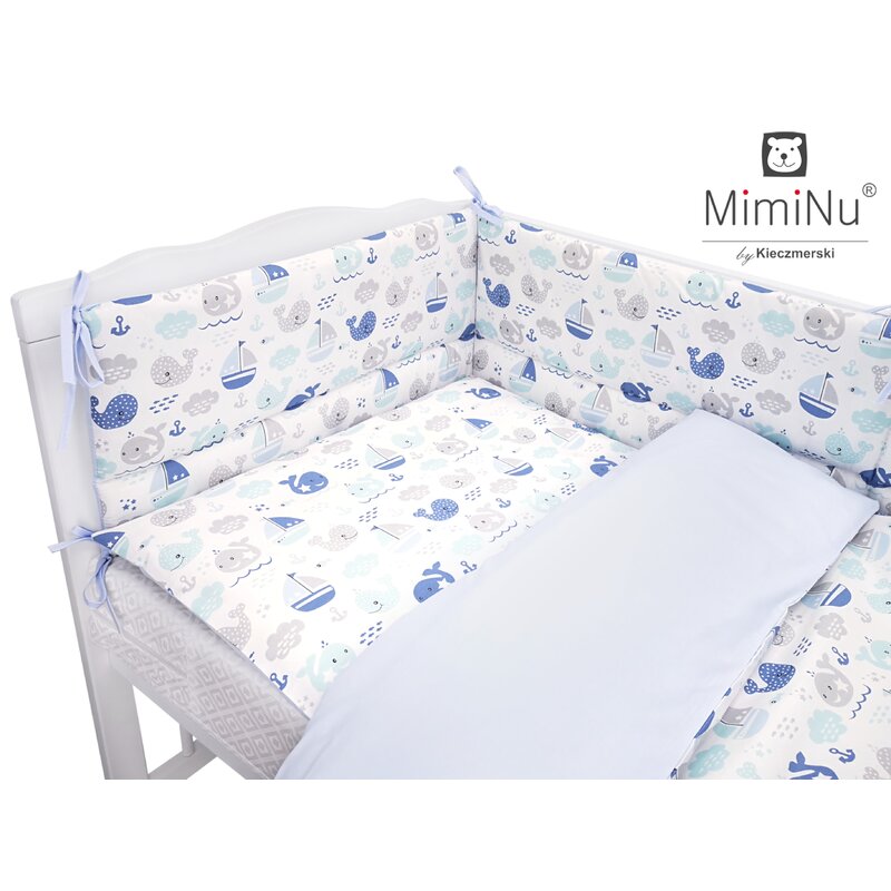 MimiNu - Lenjerie patut 3 piese, Cu protectie laterala, Blue fish, Din bumbac, Pentru patut 120x60 cm image 2